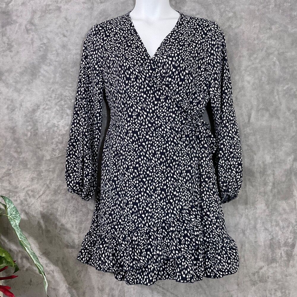 NWT Naggoo wrap dress Women's XL blue IKAT print ruffle hem Long Sleeve V-Neck